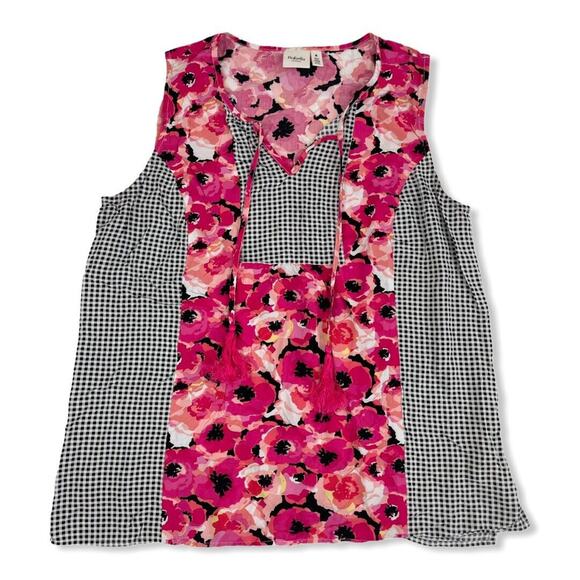 Rafaella Weekend Pink Floral Gingham Sleeveless Blouse Tank Tassels Split Neck M - Picture 1 of 7